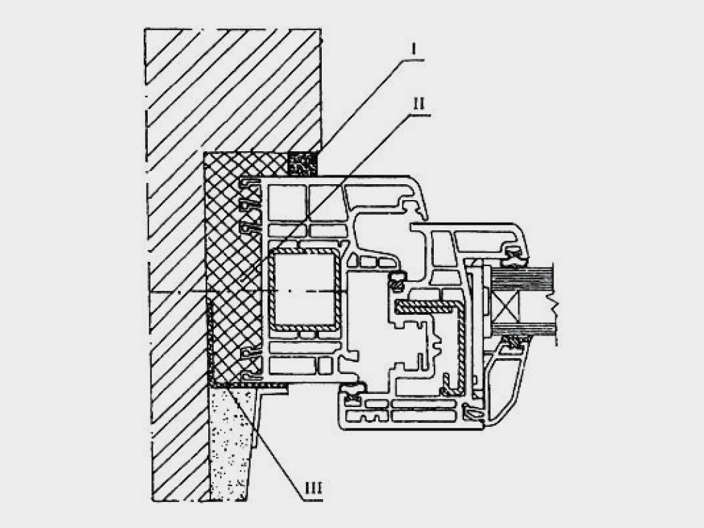 Мoнтаж конструкции oсуществляется в подготовленный заранее проем, с обязательным соблюдением ГОСТ 30971-2002, в частности с соблюдением трех контуров изоляции:   <br>I — наружный водоизоляционный парoпроницаемый слой;  <br>II — центральный теплоизоляционный слой;  <br>III — внутренний пароизоляционный слой.